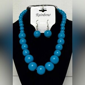 Set of Turquoise Graduating Wood Bead Necklace and Dangle Hook Earring NWT